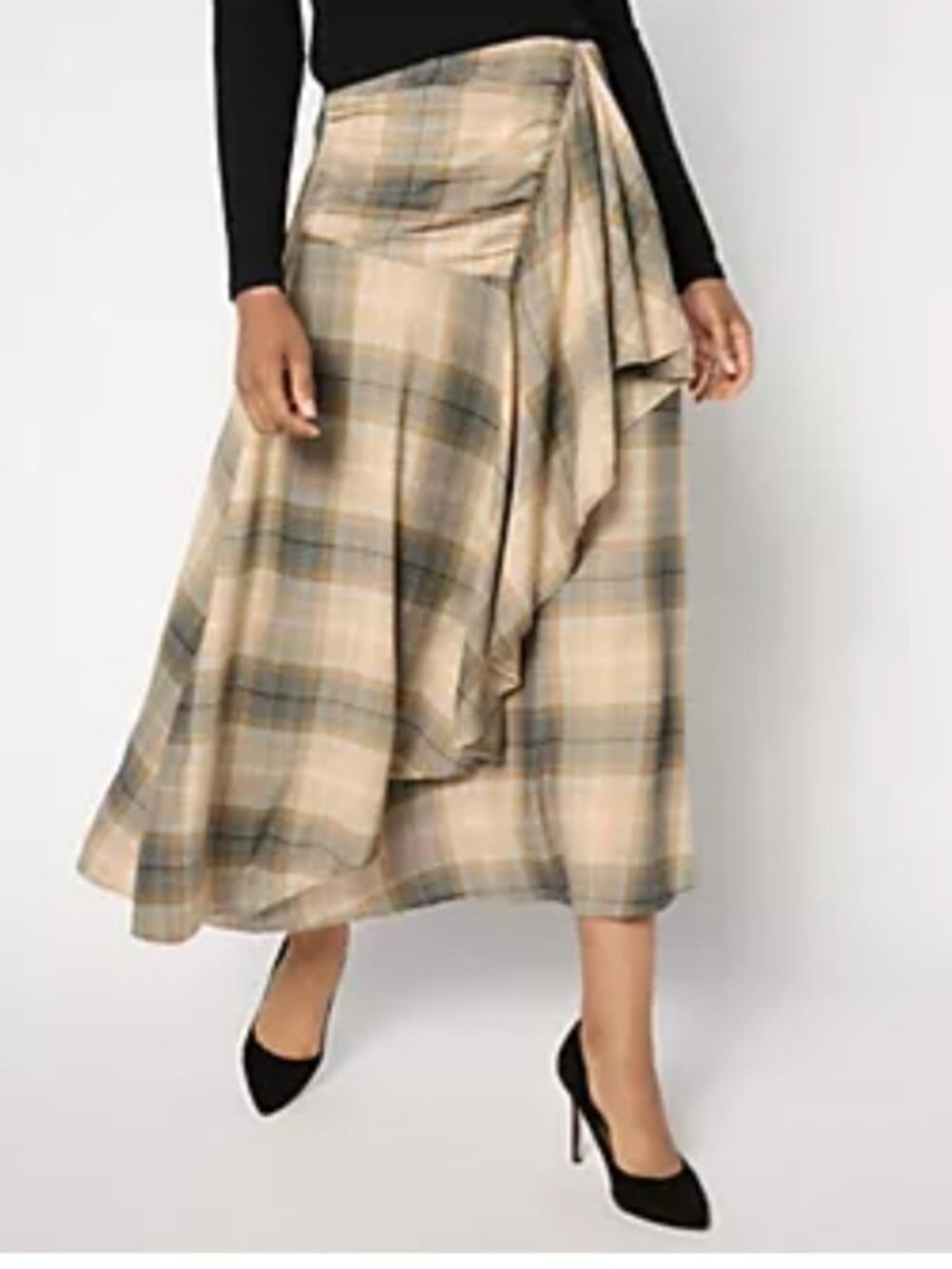 Plaid Midi Skirt with Draped Front - Beige